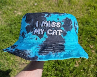 I Miss My Cat/Cats - Embroidered Tie Dye Bucket Hat - Rave Accessories Rave Outfit Cat Owner Hat Cat Gift Festival Fashion Cute Raver Hat