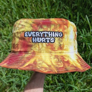Everything Hurts - Embroidered Tie Dye Bucket Hat - Rave Outfit Accessory, Music Festival Gear, Funny EDM Raver Hat, Festival Gift Party Hat