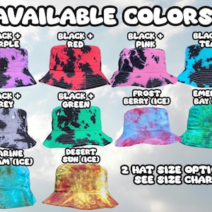 a variety of colorful bucket hats in different colors, including black, purple, red, pink, teal, black, grey, green, frost, and emerald bay.