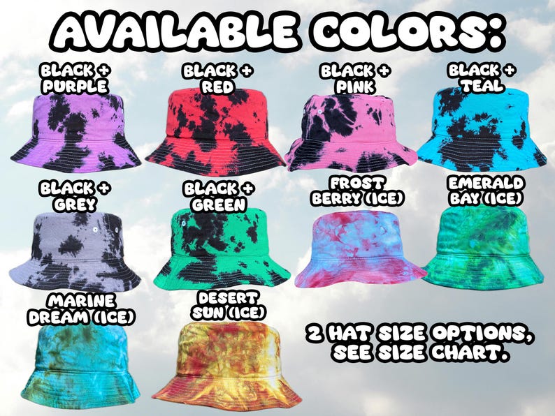 a variety of colorful bucket hats in different colors, including black, purple, red, pink, teal, black, grey, green, frost, and emerald bay.