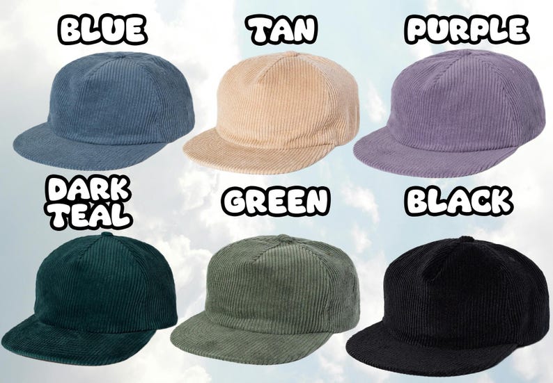 May include: Six corduroy baseball caps in various colors: blue, tan, purple, dark teal, green, and black. Each cap has a flat brim and a structured crown. The word for each color is written above each cap.
