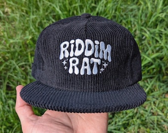 Riddim Rat Embroidered Corduroy Cap - Rave Hat Festival Outfit Accessory - EDM Bass Music Gift - Unisex Baseball Cap