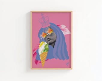 Zeitgenössische Porträt-Kunstdruck: Grau, Rosa, Fische, Eis (Digitaler Download JPGs)