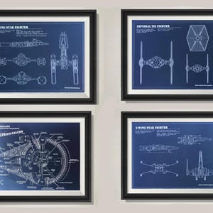 May include: Four framed blueprints of Star Wars spaceships. The blueprints are in black frames with white mats. The blueprints are on a white background. The blueprints are for the T-Wing Star Fighter, the Imperial TIE Fighter, the Millennium Falcon, and the X-Wing Star Fighter.
