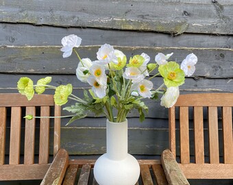 White and Green Faux Flower Arrangement,  Silk Flowers, Artificial Flower Arrangement, Faux Flower Bouquet, Faux Poppy Flower Arrangement