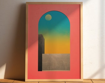 Impresión de arte minimalista de puerta rosa / cartel retro de risógrafo surrealista pastel / Paisaje abstracto de Pinky / portada del álbum lofi / Sensación analógica