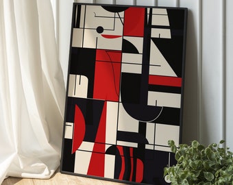 Abstract Mid-century Modern Wall Art Print, Geometric Shapes Poster in Black/Red colors, Wall Decor Trendy Idea for House/Office Design