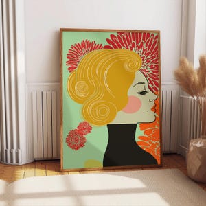 Woman Retro Wall Art, Flower Illustration Print, Green/Yellow 70s Vintage Poster, Eclectic Home Print, Office/Studio Retro Design Poster