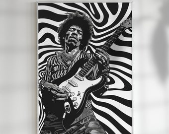 Jimi Hendrix B&W Wall Art, Music Print, Retro Concert Poster, Rock Psychedelic Room Decor, 70s Vintage Poster, Gift Rock Music Art Print