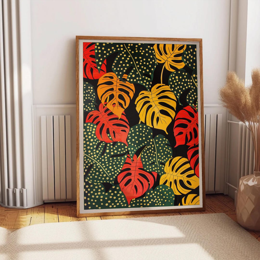 Monstera Silkscreen Art Print, Tropical Plant Poster Yellow/green/red ...