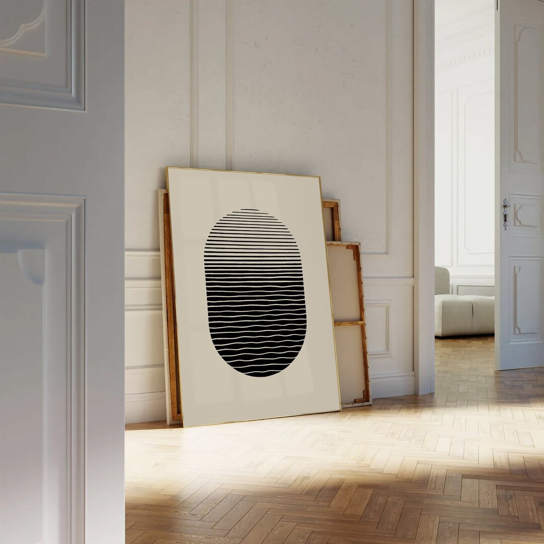 Black & White Minimalist Abstract Art, Black Circle Bold Lines Wall Art ...