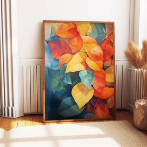 Impresión abstracta de hojas rojas otoñales, arte de pared floral moderno y elegante en tonos cálidos de rojo, amarillo y azul, póster con un diseño natural brillante y vibrante.