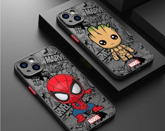 Funda de teléfono de dibujos animados de superhéroe para iPhone 15 14 13 12 11 X XR 7 8 SE Samsung S24 S23 S22 S21 S20 S10 funda mate con carga inalámbrica