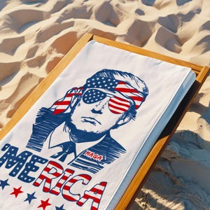 Trump Merica Beach Towel, Funny MAGA Patriotic Towel, 4th of July Trump Gift, American Flag Independence Day Towel