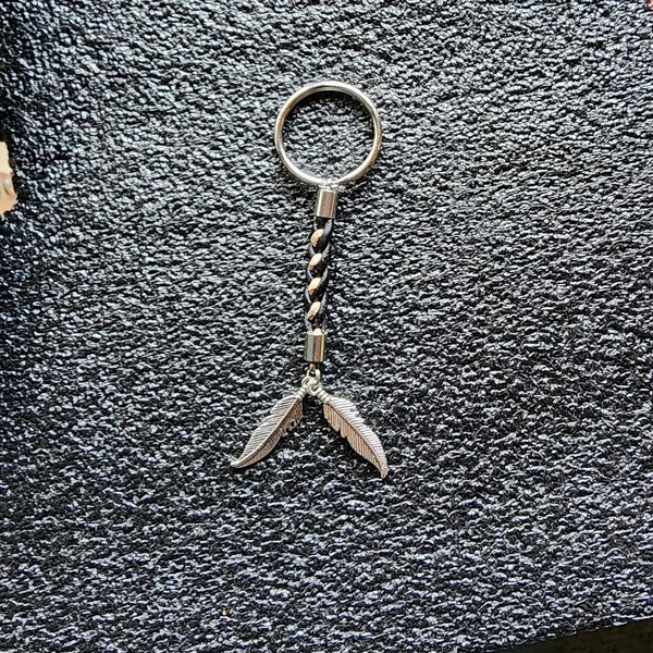 Hand Braided Leather Keychain with Silver Feathers, Findings And Key Ring