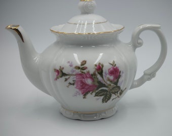 Vintage Moss Rose Teapot, # 10095, Japan, 1940's-1950's, Porcelain/Ceramic, Roses pattern on White,  Shiny.