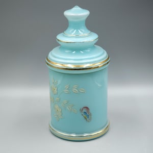 Vintage Blue Satin Art Glass Hand Painted Covered Vanity/Apothecary/Display Jar,  1940&#39;s,