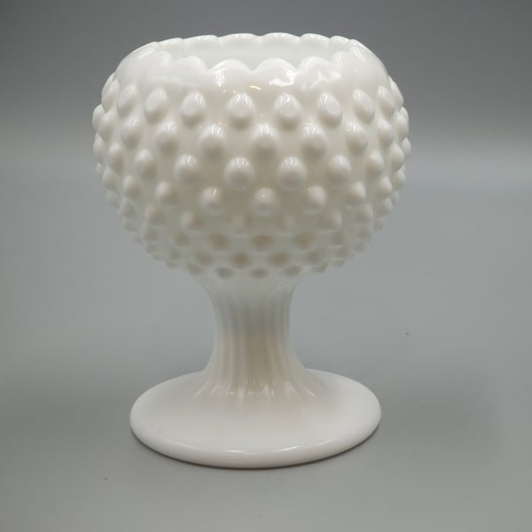 Vintage Fenton Ivy/Rose Bowl Hobnail White Milk Glass Pedestal vase USA 1950's