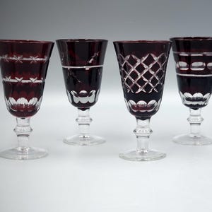 Vintage  Ruby Red Footed Wine Glasses, Antique Early 19th Century Bohemian Exquisite Cut Crystal, Cut red to Clear, Set of 4.   Rare