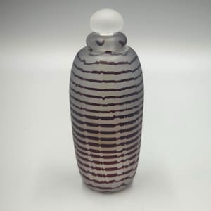 Vintage James Clarke Studio Art Glass Hand Blown Perfume Bottle  USA 1983 SIGNED Frosted light brown lines and white with Frosted stopper