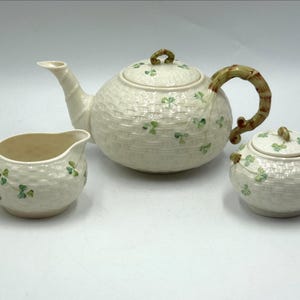 Belleek Shamrock Teapot, Sugar Bowl and Creamer, Ireland, 2000-2005