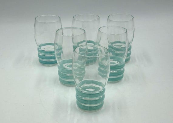 Petalware line Striped Aqua Juice Glasses. Macbeth Evans, Set of 6, USA,  1930's Discontinued