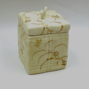 Gold Handpainted 1963 Lidded Candy Dish, Japan, Porcelain, Gold Floral Embellishment. Square, Has a note inside that it was a gift.