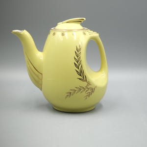 Vintage Hall teapot # 0779 called Sundial, Gold Gilded, Canary Yellow, Made Late 1930 to Early 1940. Made USA. Marked Bottom, Hand Painted.
