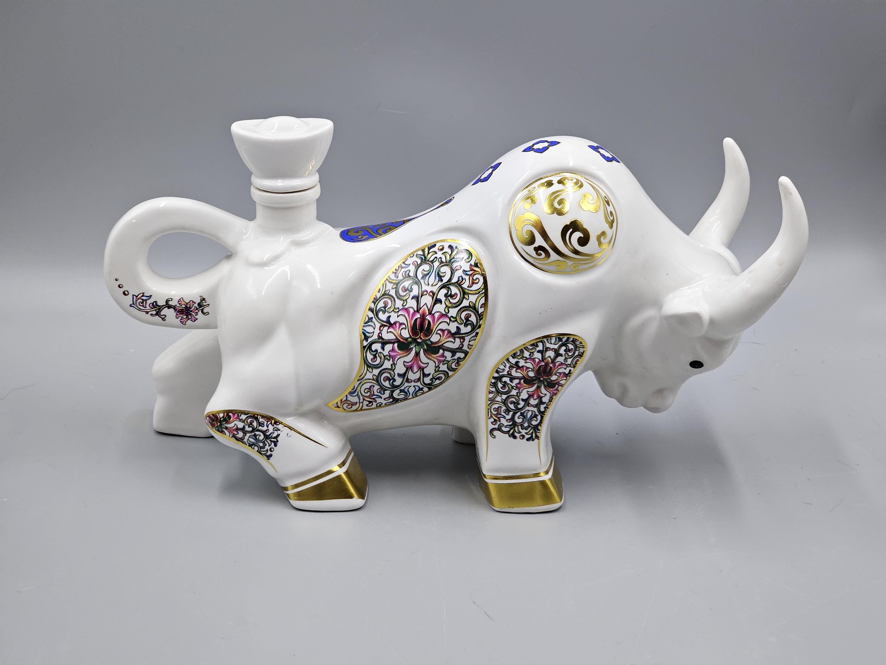 Vintage Don Chinto White Bull Reposado Tequila Bottle (NO Tequila). Mexico (Jalisco). Individually Hand Painted.  24K Gold, 1998
