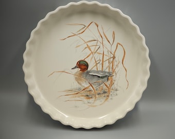 Vintage Faience De Gien Sologne Painted Dish Quiche (France) 2,000  Hand Painted Duck in a Pond, designed by S.A.