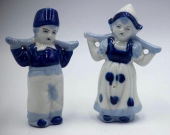 Vintage Hand Painted Dutch Boy and Girl Delft Blue Figurines.  1960&#39;s, Made in Japan, Porcelain. Marked on Bottom