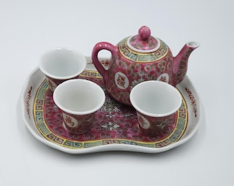 Juego de té en miniatura, Mun Shou Jingdezhen Rose, años 70, China