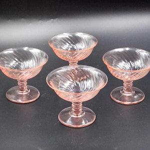 Vintage Imperial Pink Depression Glass, Set of 4, Sherbet, Dessert Footed Cups/Bowls.  USA 1930.Twisted Optic Design,