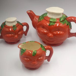 Vintage Tomatoe Teapot, Sugar bowl and Creamer Set. made by Moriyama in Japan 1930&#39;s, Ceramic, Happy tomato face set Anthropomorphic Design