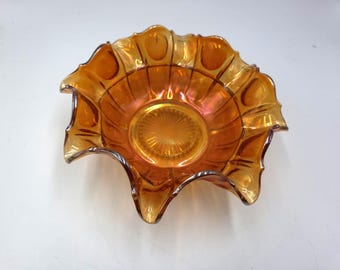 Carnival Iridescent Marigold Thumbprint Ruffled Edge Bowl. 1910-1030, Usa Discontinued Imperial Glass