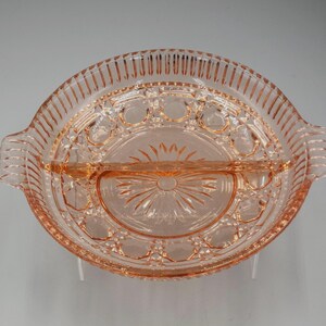 Indiana Glass Windsor Peach Ballad Cane Button 2-delige relishschaal.  VS 1970.