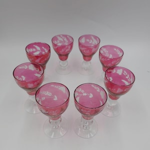 Vintage Cranberry Etched  cut to clear Cordial Glasses. Bohemian, Set of 8, 1950's.