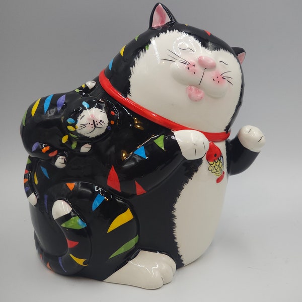 Vintage Fun Large Cat Kitten Cookie Jar. Brand CKAO, Multicolor, Lid Off, Marked on bottom China, Hand painted