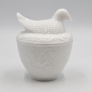 Vintage Avon White Glass Nesting Dove Covered Dish, 1970, Milk Glass, Design incrusted.  Marked