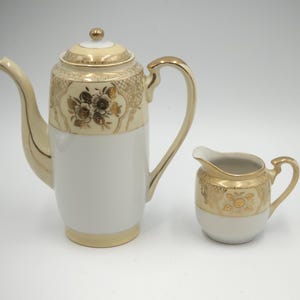 Vintage Chikaramachi Teapot & Creamer Gold Relief Flowers and Decor   Hand PaintedJapan, 1920-1930, Marked bottom.  Cream and White color