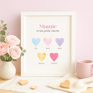 Affiche "Mamie et ses petits cœurs" - Cadeau personnalisé pour mamie | Fête des mères, anniversaire, souvenir | Affiche à encadrer