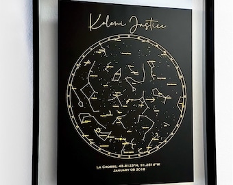 Mapa estelar personalizado con lámina metalizada: regalo de cumpleaños, boda o aniversario