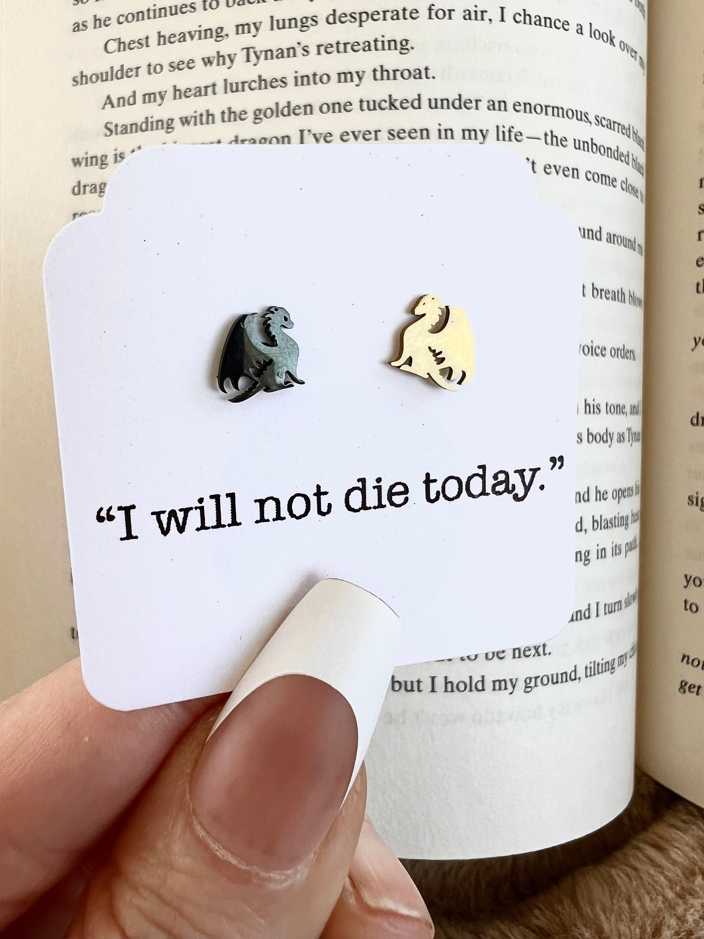 I Will Not Die Today Gold and Black Dragon Stud Earrings, Hypoallergenic Stainless Steel Jewelry, Romantasy Book, Dragon Rider