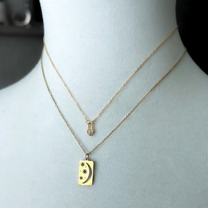 Moon and Stars Golden Tag Charm Necklace  Layering Necklace  Dainty  Moon Minimalist Necklace  Moon Child Pendant  Stainless Steel Jewelry