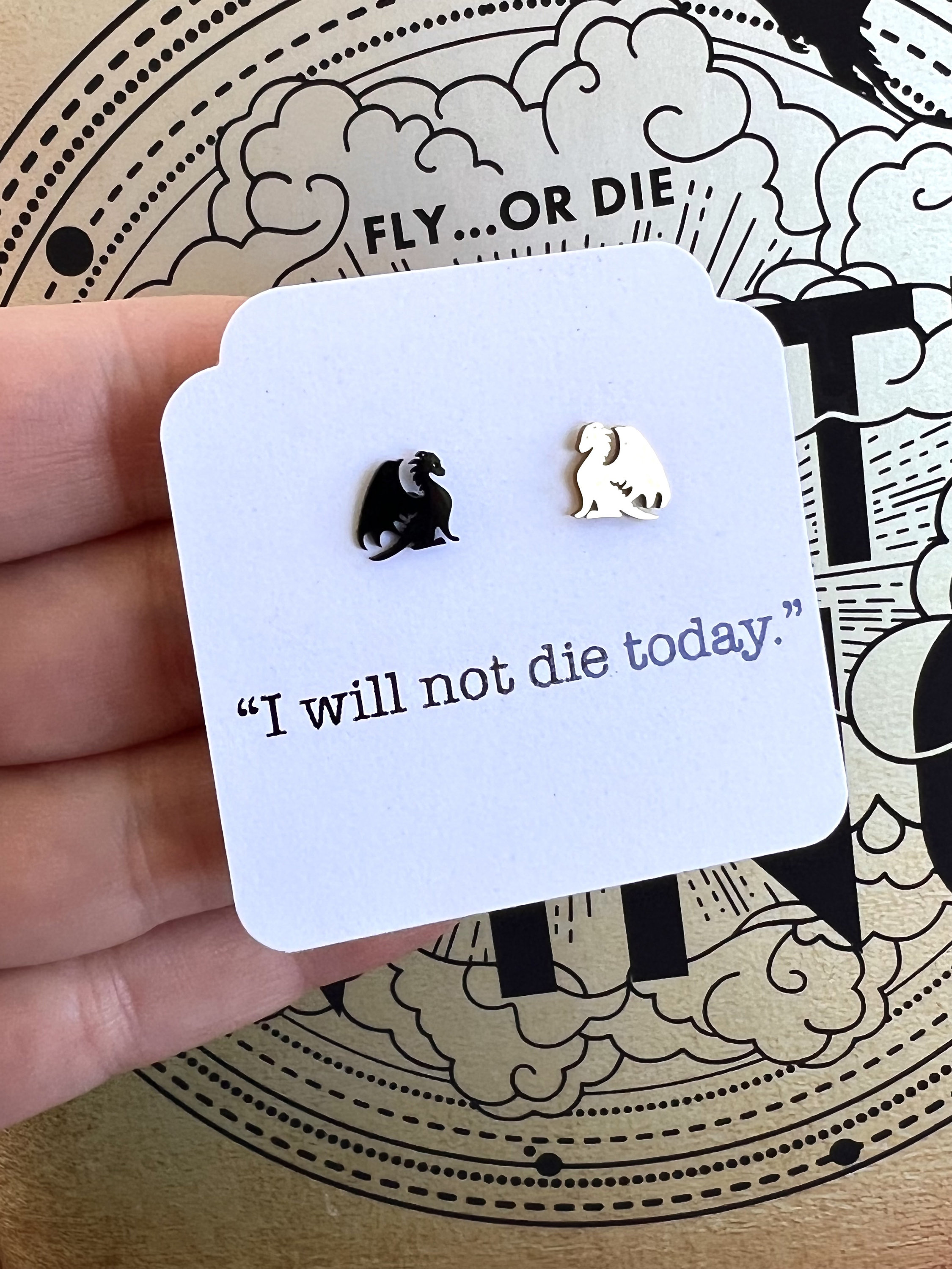 I Will Not Die Today Gold and Black Dragon Stud Earrings, Hypoallergenic Stainless Steel Jewelry, Romantasy Book, Dragon Rider