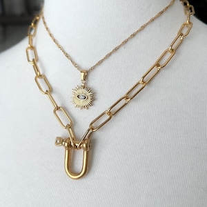 Trendy Heavy Chain and Lock Necklace  D-Clip Clasp Necklace  Paperclip Chain  18K Gold-Plated Stainless Steel  Hip-Hop Chain