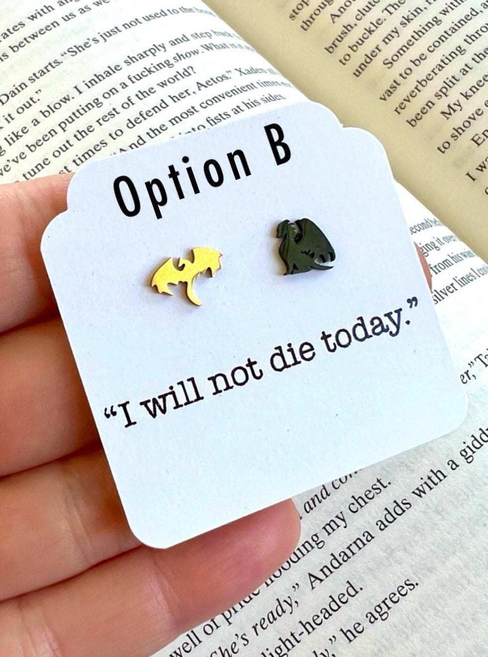 I Will Not Die Today Gold and Black Dragon Stud Earrings, Hypoallergenic Stainless Steel Jewelry, Romantasy Book, Dragon Rider