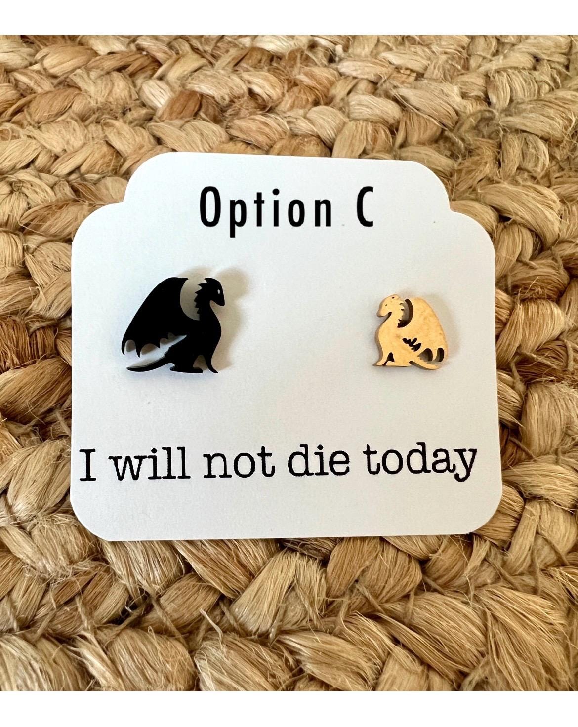 I Will Not Die Today Gold and Black Dragon Stud Earrings, Hypoallergenic Stainless Steel Jewelry, Romantasy Book, Dragon Rider