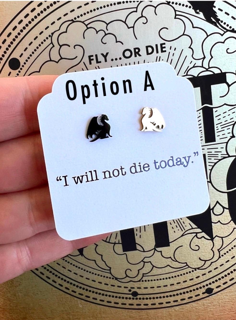 I Will Not Die Today Gold and Black Dragon Stud Earrings, Hypoallergenic Stainless Steel Jewelry, Romantasy Book, Dragon Rider
