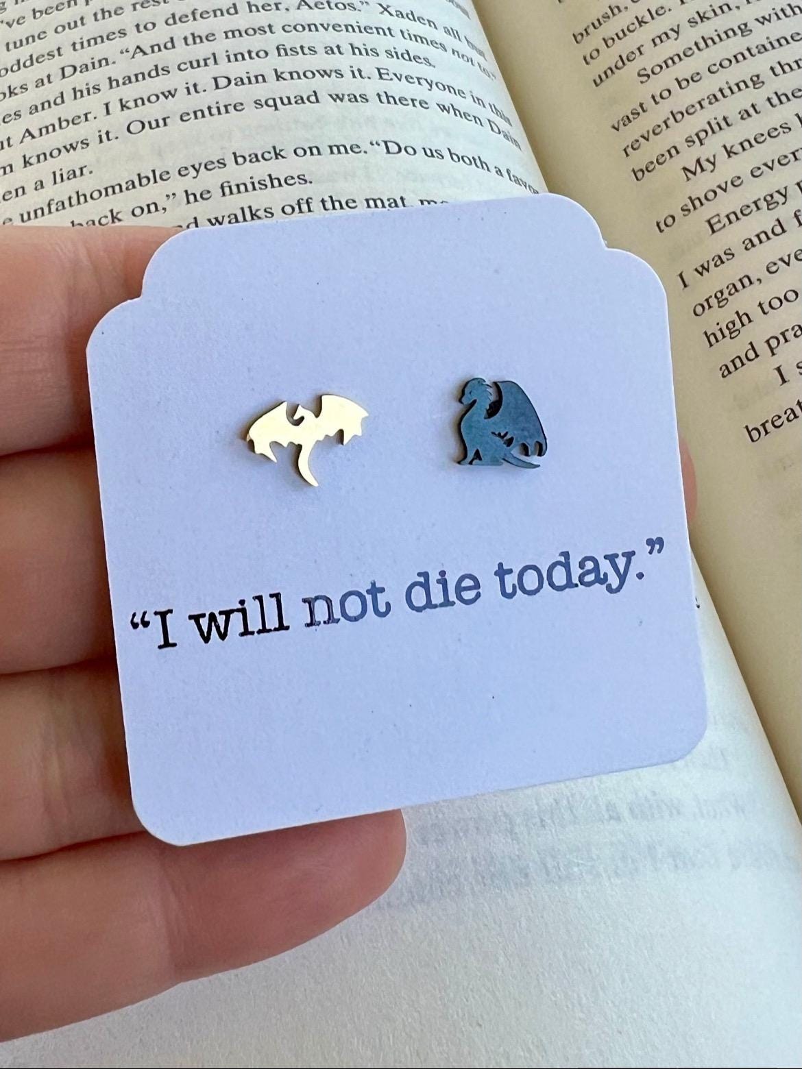 I Will Not Die Today Gold and Black Dragon Stud Earrings, Hypoallergenic Stainless Steel Jewelry, Romantasy Book, Dragon Rider